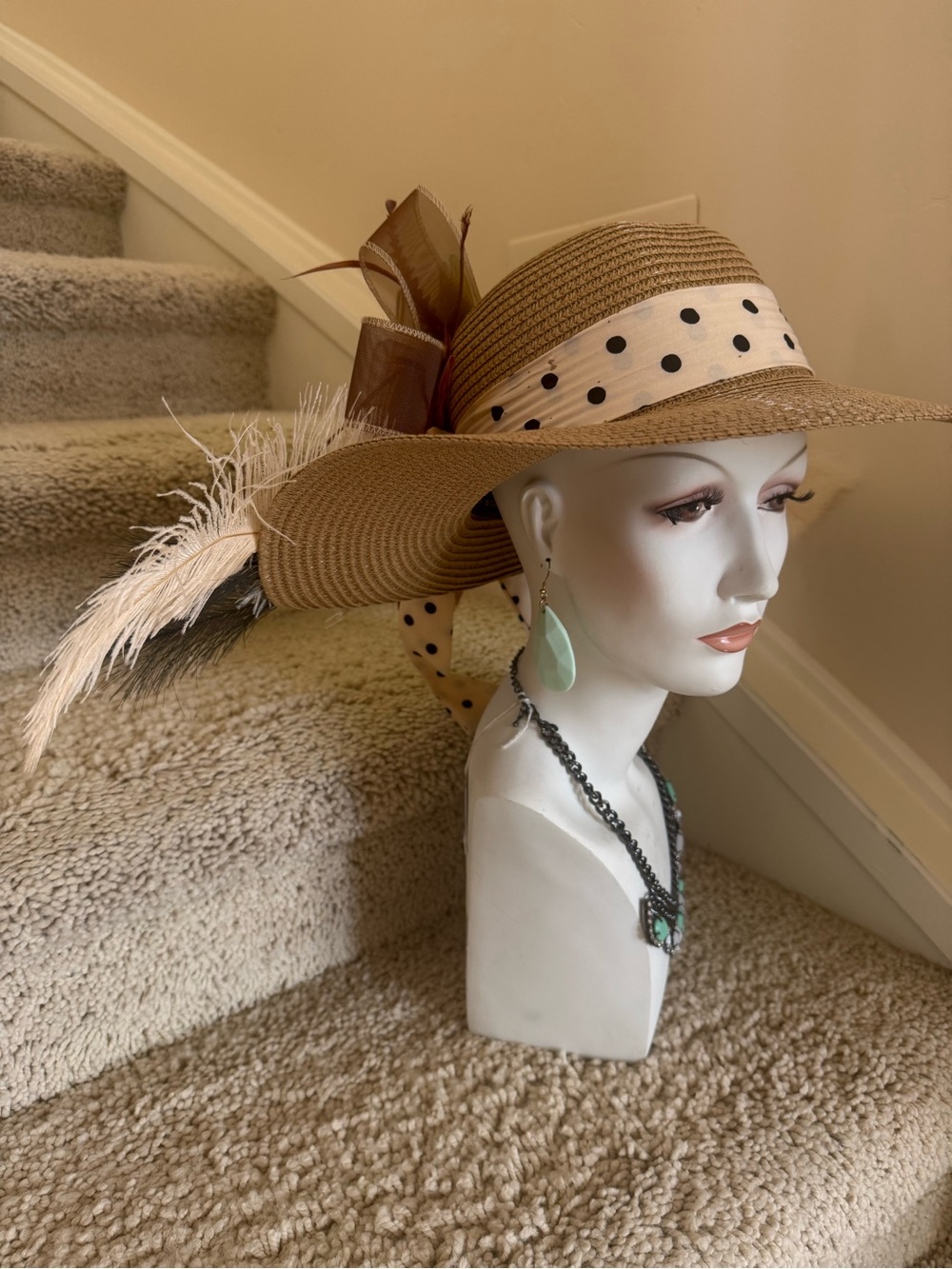 Straw Wide-Brim Polka Dot Ribbon Hat Penelope